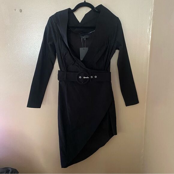 Michael Costello x Revolve Marci Dress black stretch mini off shoulder belted S - Picture 9 of 9
